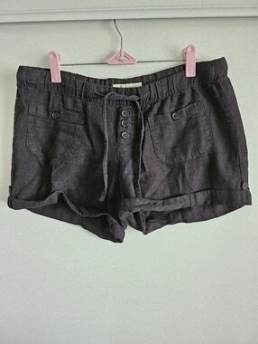 Kiss & Cry Linen Cotton Blend Black Soft Cargo Shorts w/ Pockets Tying waist MD